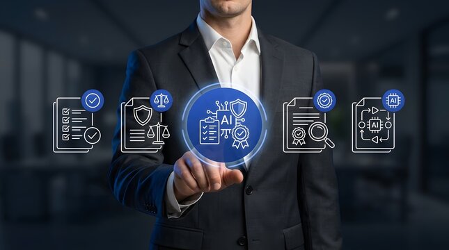 Businessman interacts with a glowing virtual interface displaying artificial intelligence compliance and regulatory icons to represent modern governance strategies for advanced digital systems.