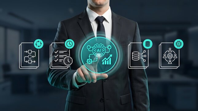 Businessman in a suit touches a glowing digital interface featuring artificial intelligence icons that represent advanced data management workflows and automated corporate strategy development.