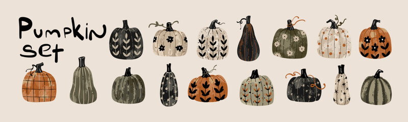 Vector illustration of ultimate autumn pumpkin mega pack clipart set. Scandinavian style cozy fall harvest bundle with patterned gourds and handwritten creative lettering. © MariAshma