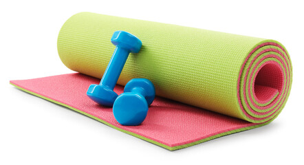 Fototapeta premium Bright dumbbells and fitness mat isolated on white