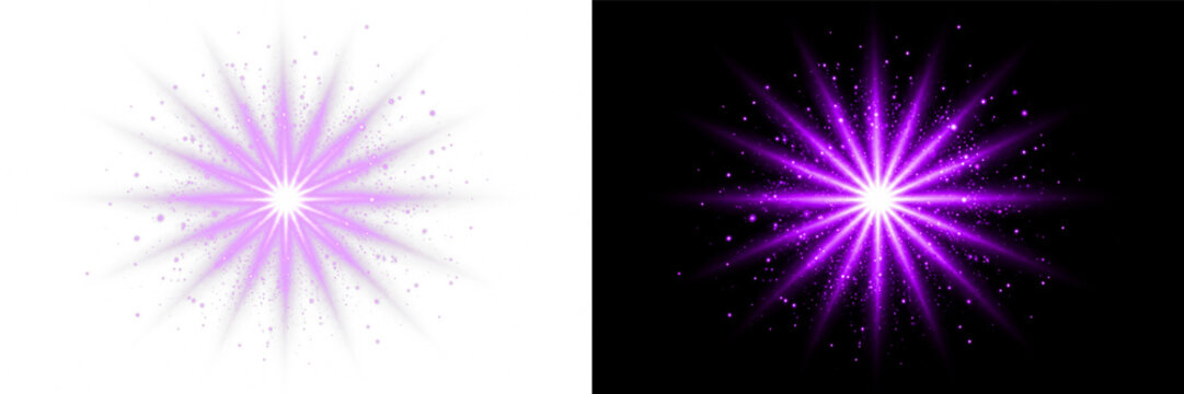 Radiant purple sparkle starburst transparent PNG overlay with glowing light burst, on transparent background