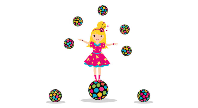 Cheerful girl clown in a colorful outfit, skillfully juggling multiple balls while balancing on a larger ball, performing a circus act.