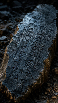 Close up of ancient rune stone tablet with carved Norse symbols