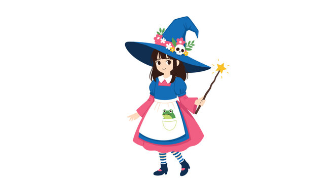 Adorable little witch girl wearing a large blue hat adorned with flowers and a skull, holding a magic wand.