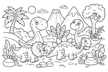 Fototapeta premium Cute dinosaurs gather under a sunny sky. Towering volcano looms behind lush palm trees. Friendly creatures share a playful, jungle-like landscape. Sturdy triceratops, long-necked sauropods