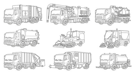 Obraz premium Illustrations of various garbage trucks and utility vehicles in different views and actions on the road