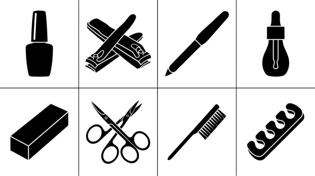 Manicure and Nail Care Silhouette Icon Collection Featuring Nail Polish, Clippers, Cuticle Pusher, Dropper Bottle, Buffer Block, Scissors, Comb, and Toe Separator