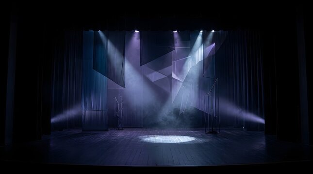 Dramatic empty theater stage with spotlights and fog