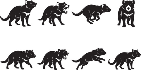 Obraz premium Black dog icons, dog silhouettes, canine illustrations, animal graphics, vector pack isolated on Transparent Background
