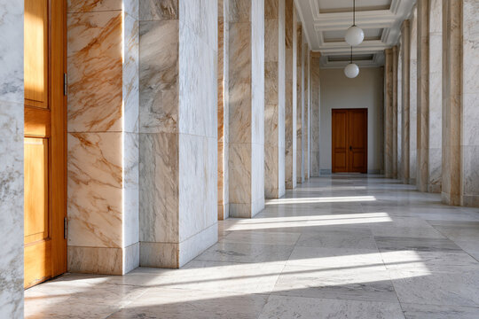 Grand hall with marble columns and polished floors. Sunlight streams through tall windows, casting soft shadows. Long corridor leads to a wooden door at the far end