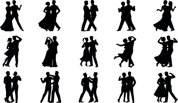 Collection of black silhouettes of couples dancing together romantically