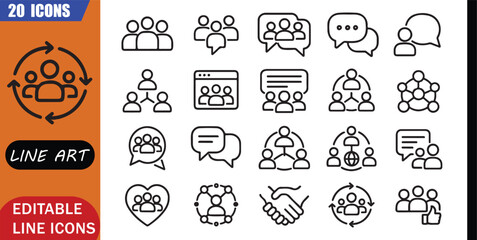 Isolated online community icons set, 20 editable line art icons set, online community, social network messaging, communication engagement, collaboration theme, clean outline vector sign © MD.Kawsar Hossan