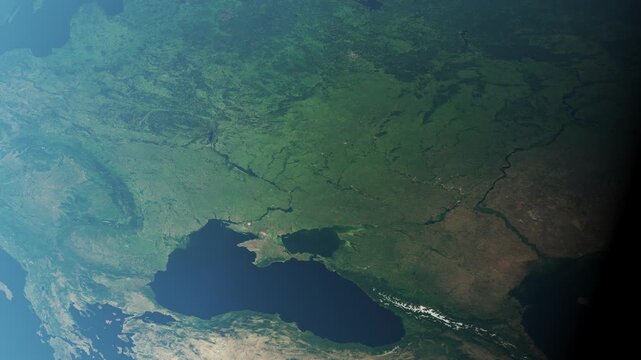 Ukraine, Crimea the Black Sea and Russia from space, slow zoom into a slowly orbiting planet.