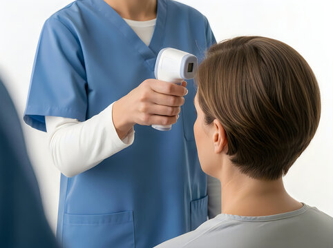 Healthcare worker using infrared thermometer on patient's forehead