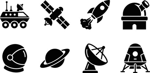Space Exploration Silhouette Icon Collection Featuring Rocket Satellite Observatory Planet Rover Helmet Antenna and Lunar Lander Vector Set © Designer Arjun