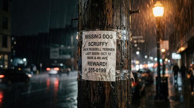 Missing dog poster on utility pole in rainy city street at night