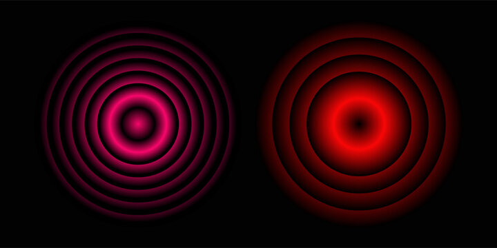 Sound wave. Signal concentric circle. Round light effect. Wifi range. Radio station signal. Water ripple with circle waves. A place or a painful point. Radar screen. Vector effect