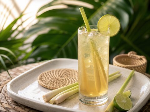 Leichter Zitronengras-Drink mit Limette und Eis in einem hohen Glas, minimalistisch und hell inszeniert. Erfrischendes Thai-Getr&auml;nk mit nat&uuml;rlicher Optik, sommerlichem Charakter und Spa-Feeling.
