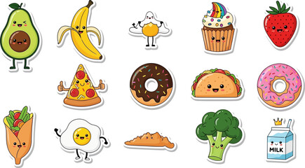 Fototapeta premium Collection of kawaii style food stickers with stickers