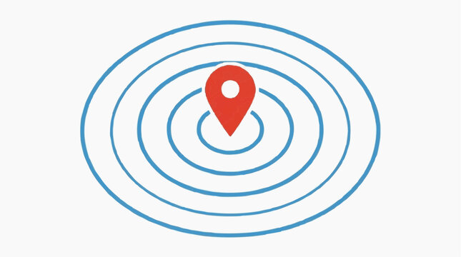 A red location pin in the center of concentric blue circles for the concept of map and navigation.