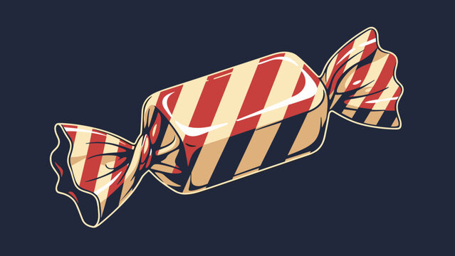 Traditional red and yellow striped hard candy wrapped in clear cellophane is presented against a dark background for a festive and sweet look.