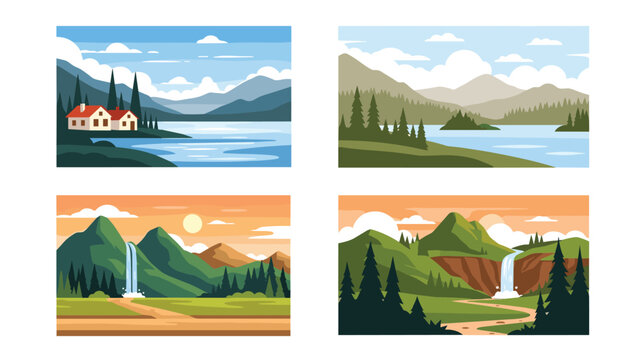 Collection of four pixel art landscapes showcases various natural scenes like mountains, forests, waterfalls, and lakes.