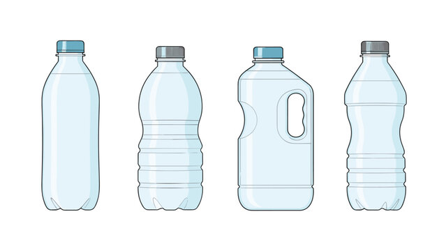 Set of four different types of plastic water bottles with blue caps is shown for recycling and hydration themes.