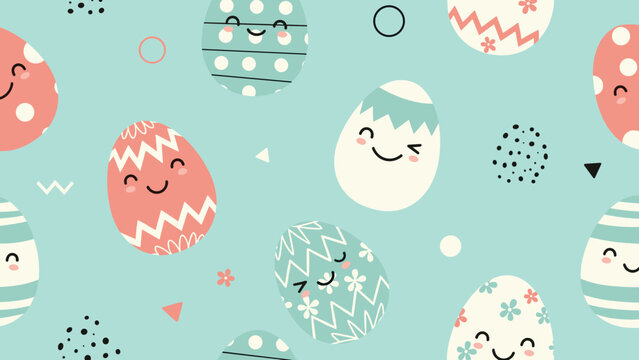 Seamless pattern featuring cute cartoon Easter eggs with smiling faces on a soft blue background for festive holiday decor.