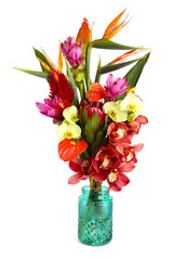 Fototapeta premium Beautiful bouquet of tropical flowers in vase isolated on white