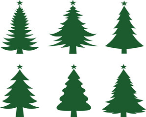 Fototapeta premium Set of six different green christmas tree silhouettes with stars on top, vector illustration for holiday design elements