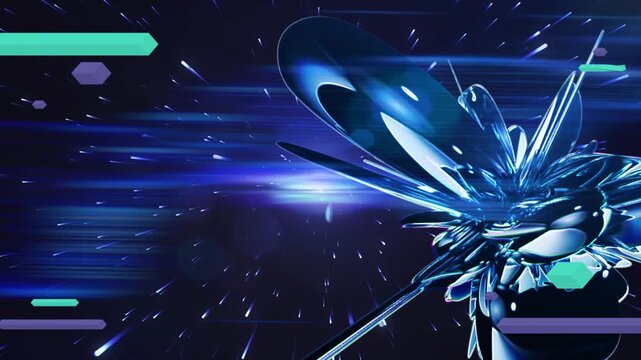 Abstract crystalline structure floats through a dark space with streaks of blue light.