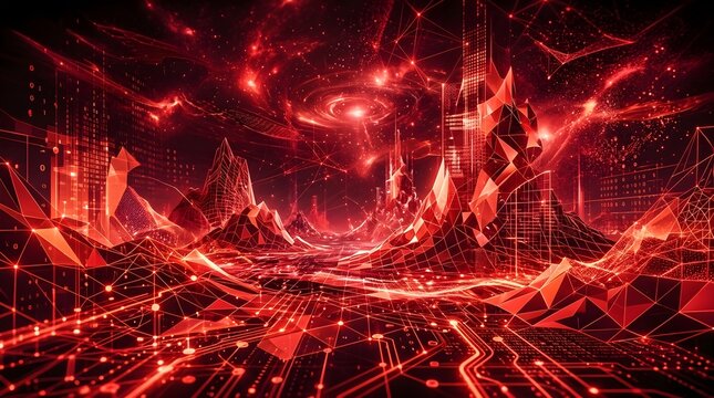 Futuristic red cyber cityscape with data stream and network connections