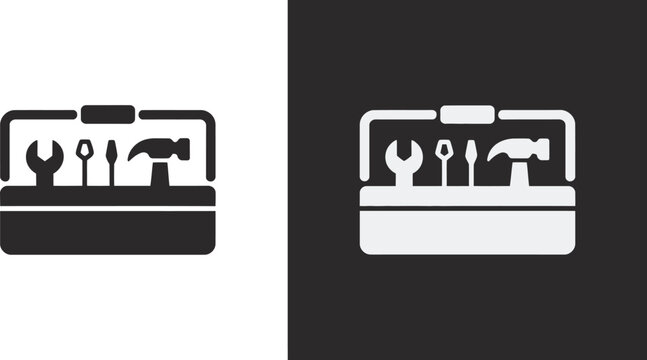 Toolbox icons, tool case symbols, repair and maintenance equipment, mechanic tools, construction toolkit, flat design for web and apps.