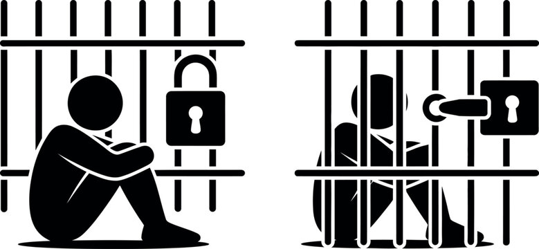 Two people trapped behind prison bars with locks  feeling sad