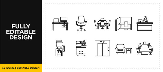 flat vector illustration line art icon bundle set design covering office meeting room and professional workstations elements for modern digital app UI UX graphic project © HASNA