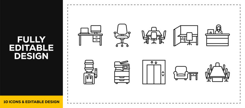 flat vector illustration line art icon bundle set design covering office meeting room and professional workstations elements for modern digital app UI UX graphic project