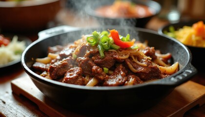Fototapeta premium Hot bulgogi beef with steam rises from black skillet. Tender meat cooks with sliced onions and green scallions, served with peppers. Asian food, comfort meal, kitchen ambiance.
