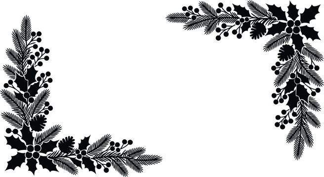 Festive holly and pine branch frame design in black silhouette