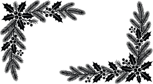 Holly and pine branches forming a decorative frame silhouette