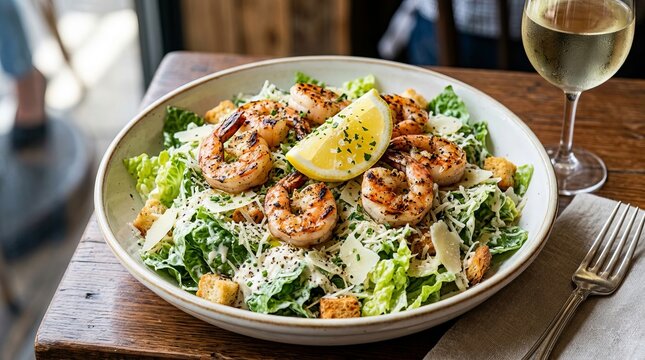 Grilled shrimp and avocado salad served with white wine on wooden table.