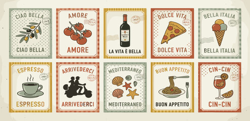 Hand drawn food posters. Doodle Mediterranean cuisine with text quote. Template La Dolce Vita style with seafood, vegetable, pasta, drink for cafe social media. Vector set © barca