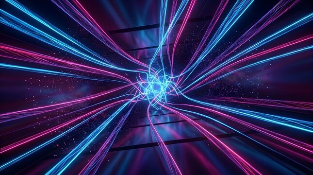 Vibrant neon light beams radiating from a central point in a futuristic tunnel