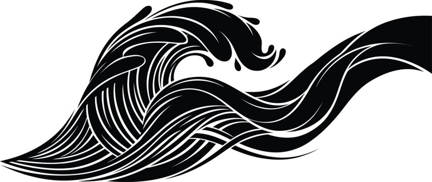 Stylized ocean wave design in black and white silhouette