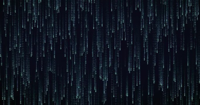 Japanese katakana characters cascade down in a dense code storm animation with a deep tunnel parallax effect.