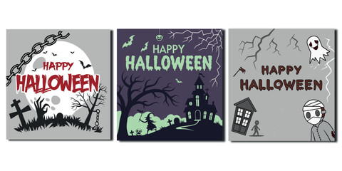 Set of three halloween greeting card designs with spooky elements like haunted house, ghost, mummy, moon, and bats © Marjahan