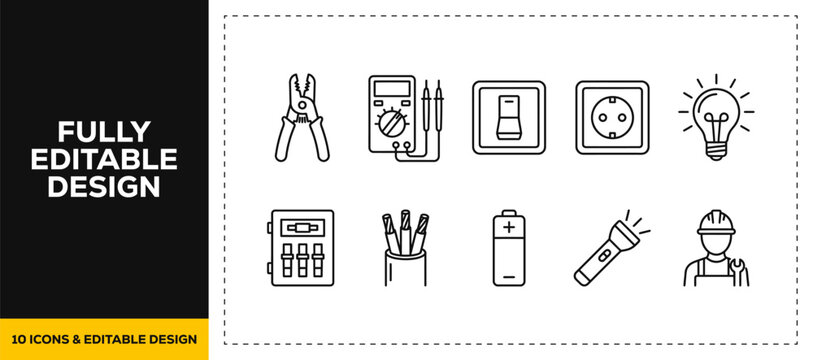 flat vector illustration line art icon bundle set design covering electrical tools power supply and battery equipments elements for modern digital app UI UX graphic project