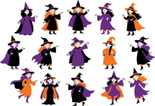 Halloween Set of cute cartoon witch characters for halloween Vector, illustration