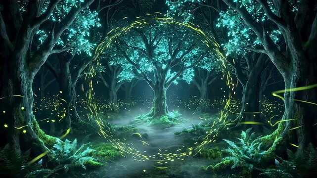 Glowing tree of life in a magical dark forest. Genesis creation theme representing divine light and mystical nature power. Spiritual wilderness with energy ring.