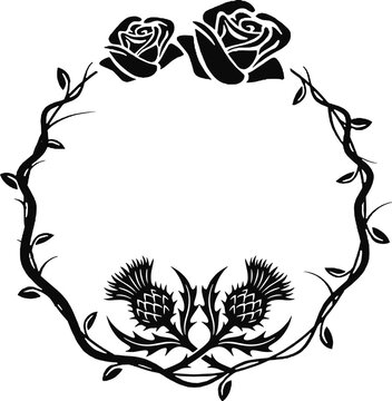 Decorative floral circular frame with scottish thistle and roses circular botanical decoration illustration ornamental invitation monochrome abstract ornament romantic composition