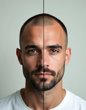 Man with split head shows hair loss on one side and full growth on other. Side by side comparison visualizes hair regrowth treatment results or natural change. Simple studio background.